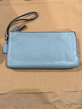 Coach Double Zip Light Blue Pebbled Leather Wristlet Wallet F54056